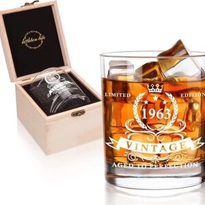 60Th Birthday Gifts for Men 12 Oz,1963 Whiskey Glass in Valued Wooden Box,